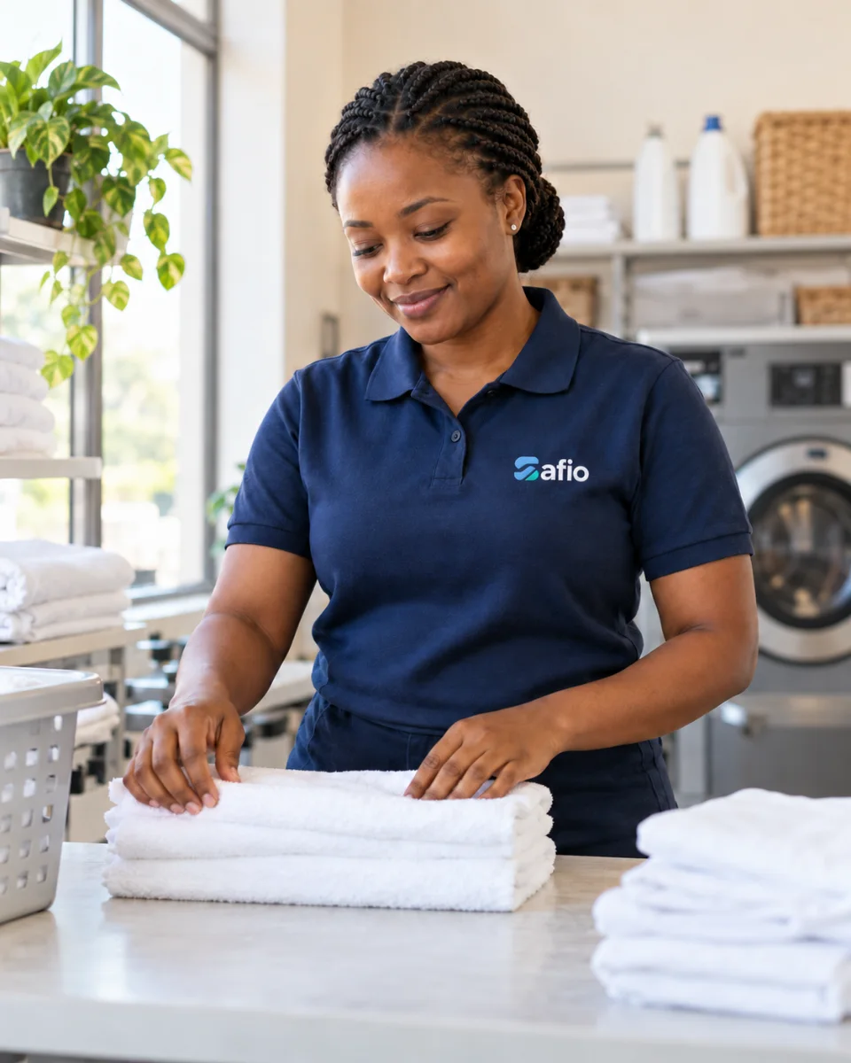 Illustrative laundry owner folding towels in a Safio-branded shirt.
